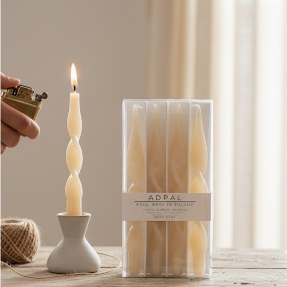 NWT ADPAL Ivory Spiral Ribbon Tapered Candlesticks Unscented & Handmade